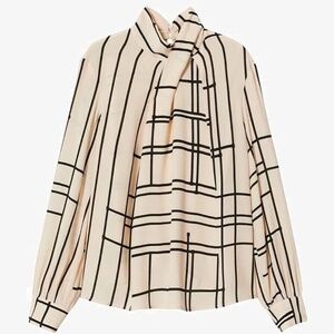 Mango Geometric Black and Cream Print Blouse, Size 6, NWT